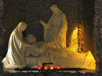 Joseph liegt im Sterben; links kniet Maria, der Heiland segnet den Sterbenden.